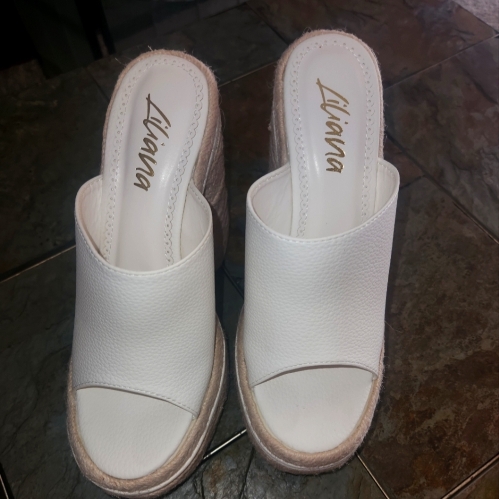Liliana White Wedge Slip-On Shoes with Textured Upper
